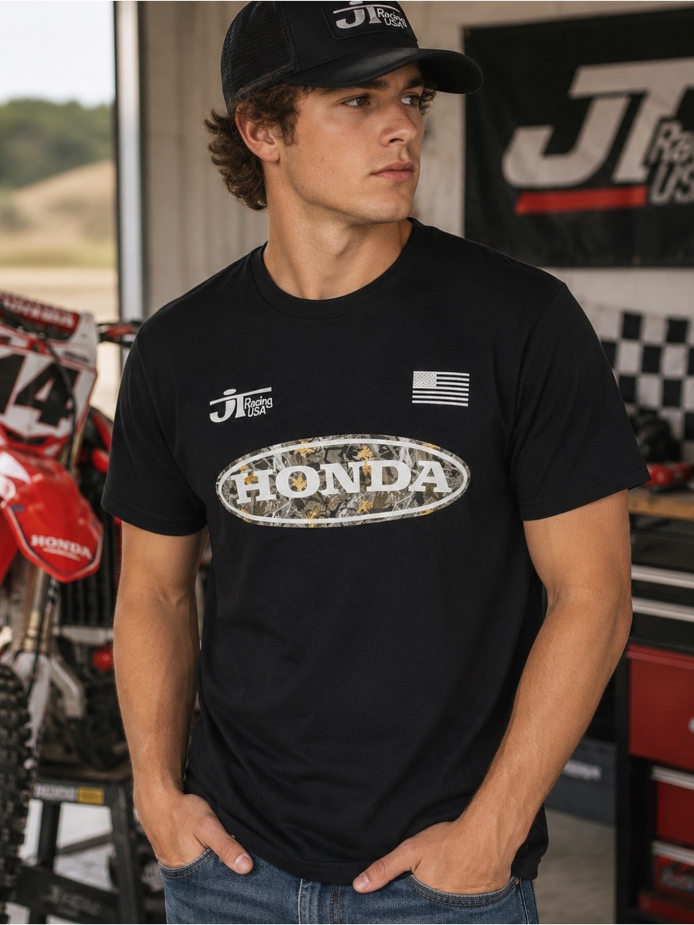 JT Racing USA x Honda Graphic Tee Men’s Large Black Motocross Racing Shirt